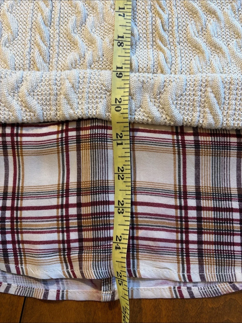 Maurices Cream Cable-Knit Sweater Vest with Plaid Layered Hem and Sleeves